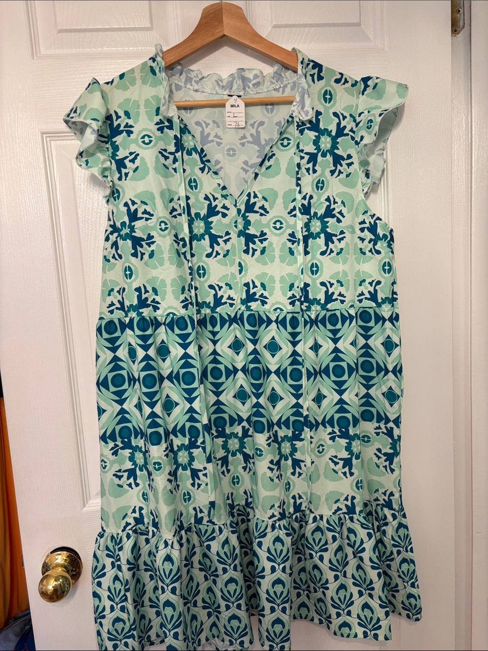 MILA Mint & Teal Printed Flutter Sleeve Dress